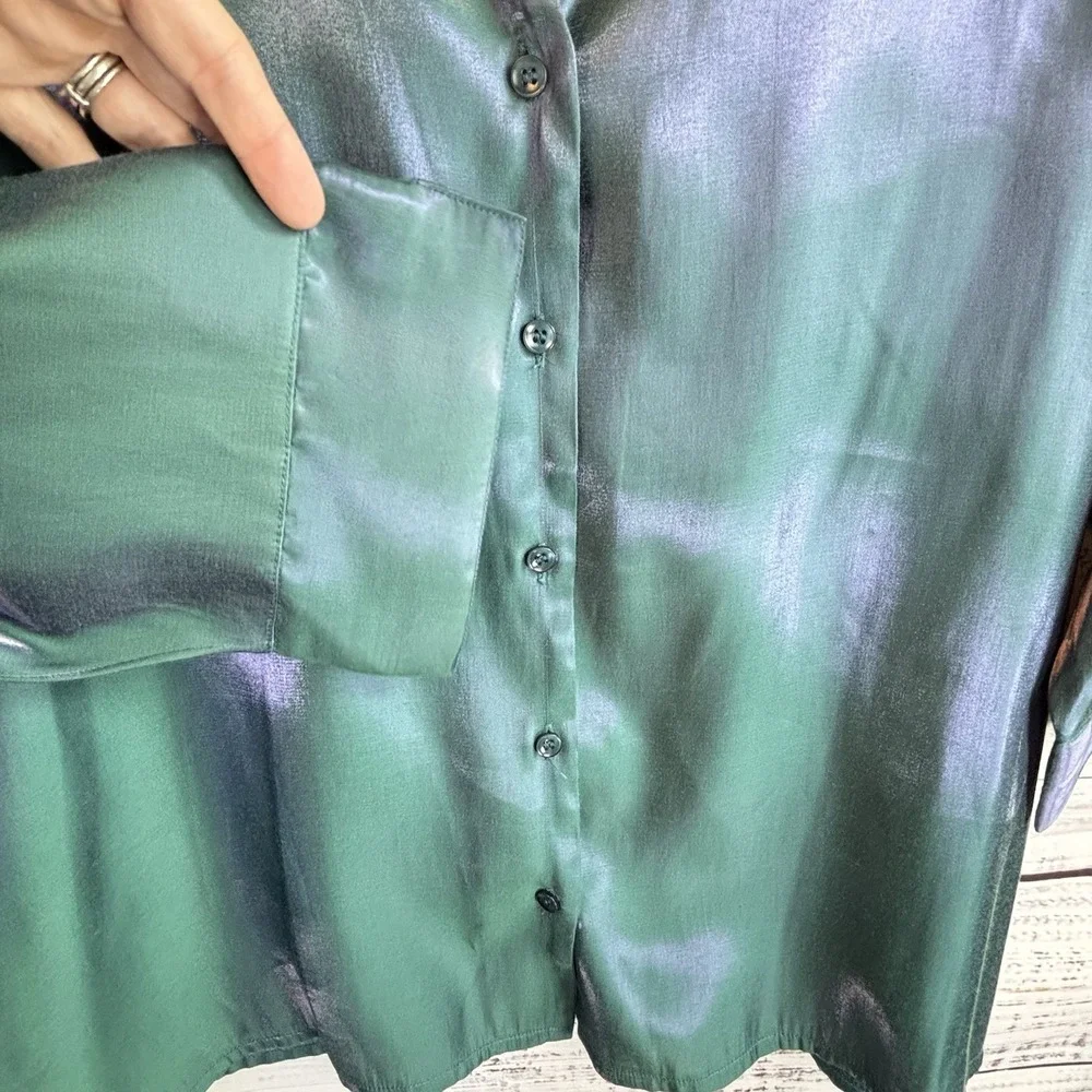 Luminous Silky Blouse XL/18 Teal Green Blue Purple 3/4 Sleeve Collared Statement